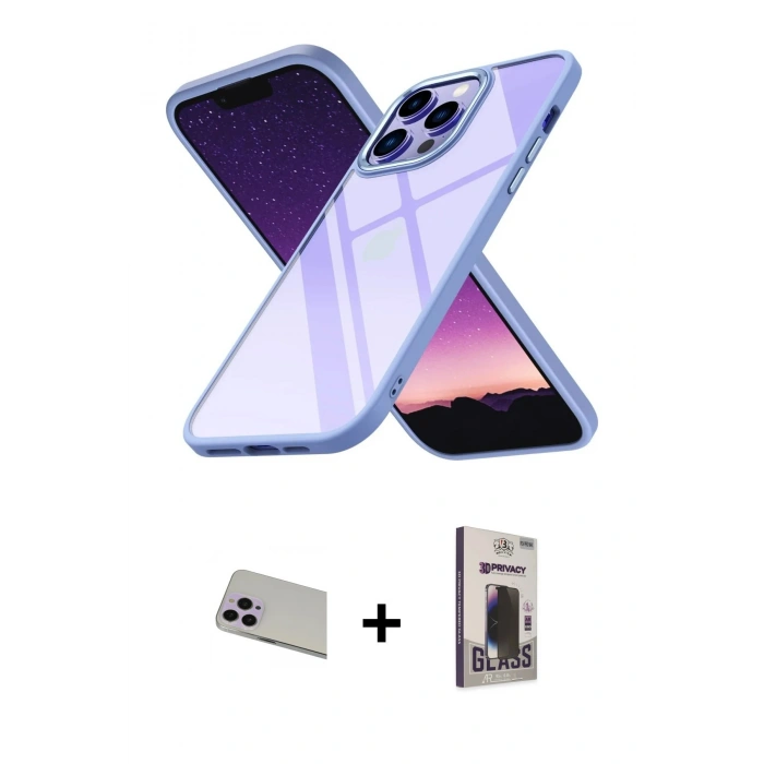 MARSİLYAN™- iPhone 13 Pro Max Kılıf Nova Işık Serisi - Siyah Bilvis Hayalet Cam Ekran Koruyucu + Rainbow Kamera Lens Koruma Cam - MR