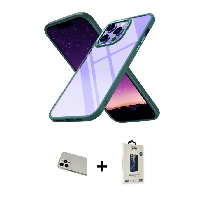 MARSİLYAN™- iPhone 13 Pro Max Kılıf Nova Işık Serisi - Siyah Bilvis Hayalet Cam Ekran Koruyucu + Rainbow Kamera Lens Koruma Cam - BZ