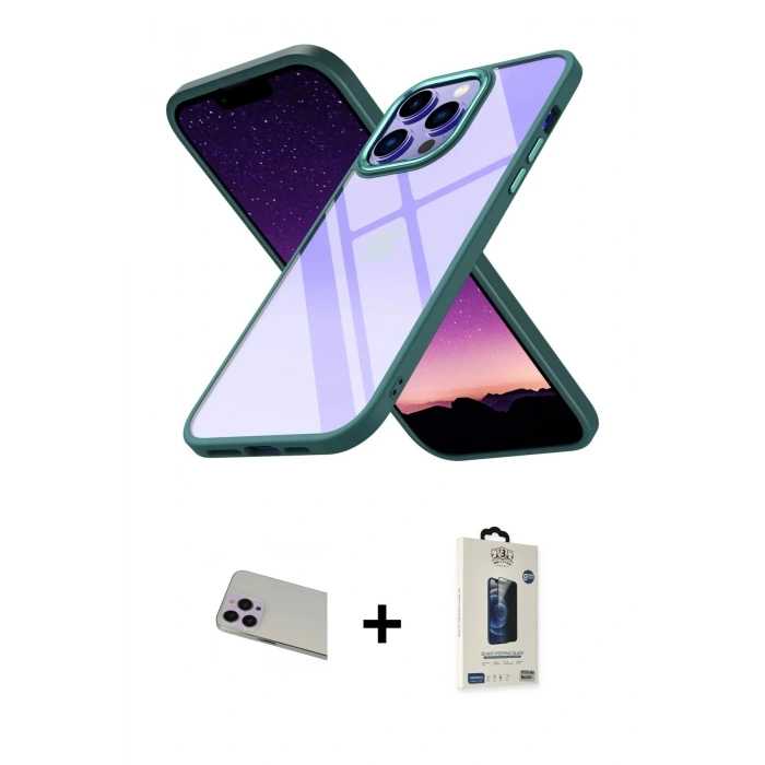 MARSİLYAN™- iPhone 13 Pro Max Kılıf Nova Işık Serisi - Siyah Bilvis Hayalet Cam Ekran Koruyucu + Rainbow Kamera Lens Koruma Cam - MR