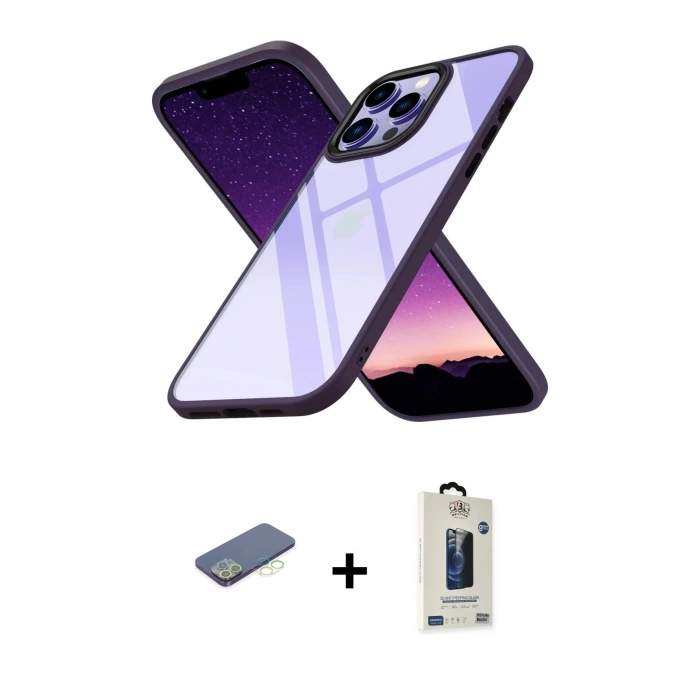 MARSİLYAN™- iPhone 13 Pro Max Kılıf Nova Işık Serisi - Siyah Bilvis Hayalet Cam Ekran Koruyucu + Renkli Kamera Lens Koruma Cam - YL