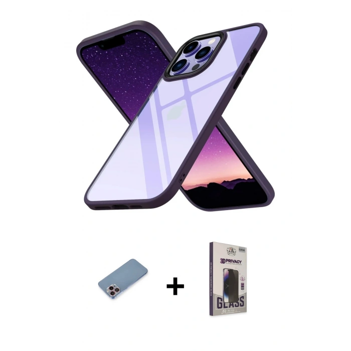 MARSİLYAN™- iPhone 13 Pro Max Kılıf Nova Işık Serisi - Siyah Bilvis Hayalet Cam Ekran Koruyucu + Shine Kamera Lens Koruma Cam - PE
