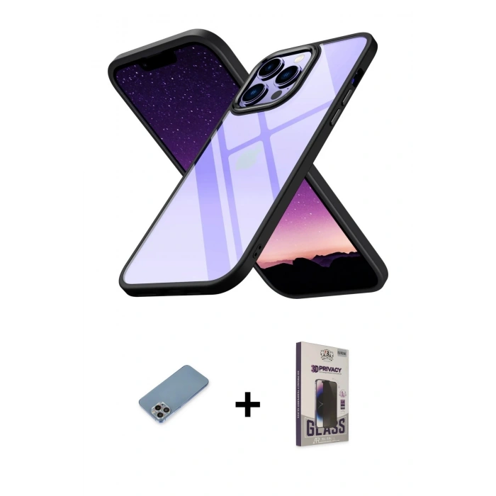 MARSİLYAN™- iPhone 13 Pro Max Kılıf Nova Işık Serisi - Siyah Bilvis Hayalet Cam Ekran Koruyucu + Shine Kamera Lens Koruma Cam - GI