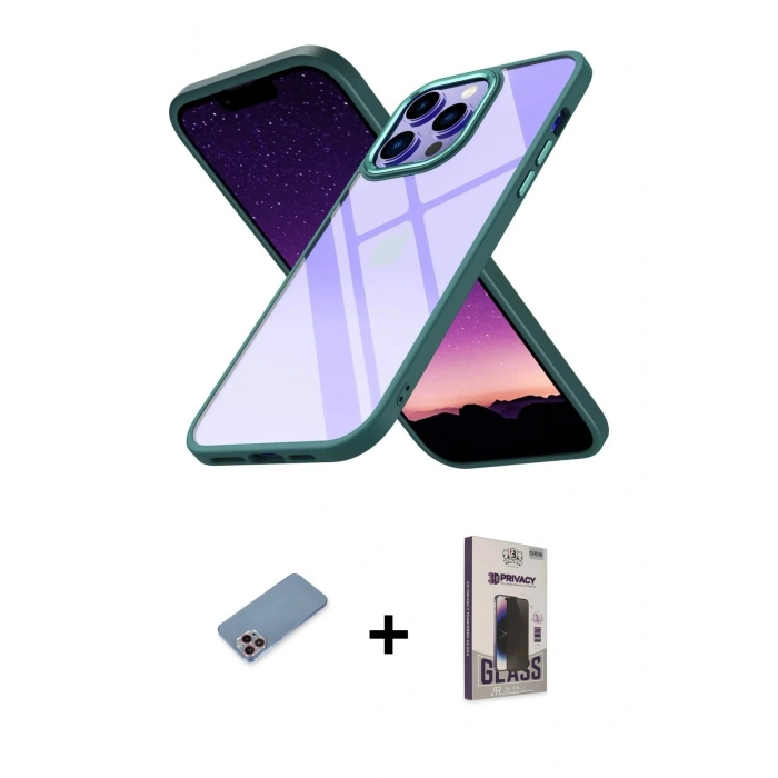 MARSİLYAN™- iPhone 13 Pro Max Kılıf Nova Işık Serisi - Siyah Bilvis Hayalet Cam Ekran Koruyucu + Shine Kamera Lens Koruma Cam - PE