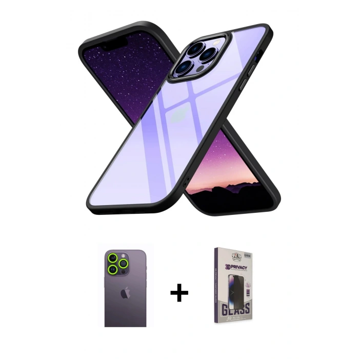 MARSİLYAN™- iPhone 13 Pro Max Kılıf Nova Işık Serisi - Siyah Bilvis Hayalet Cam Ekran Koruyucu + Neon Fosforlu Kamera Lens - YL