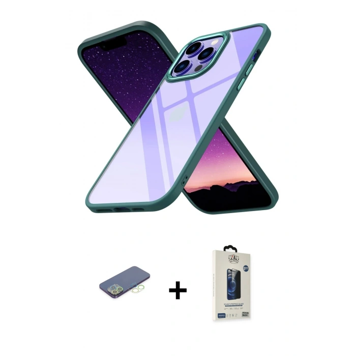 MARSİLYAN™- iPhone 13 Pro Max Kılıf Nova Işık Serisi - Siyah Bilvis Hayalet Cam Ekran Koruyucu + Yeşil Renkli Kamera Lens Koruma Cam