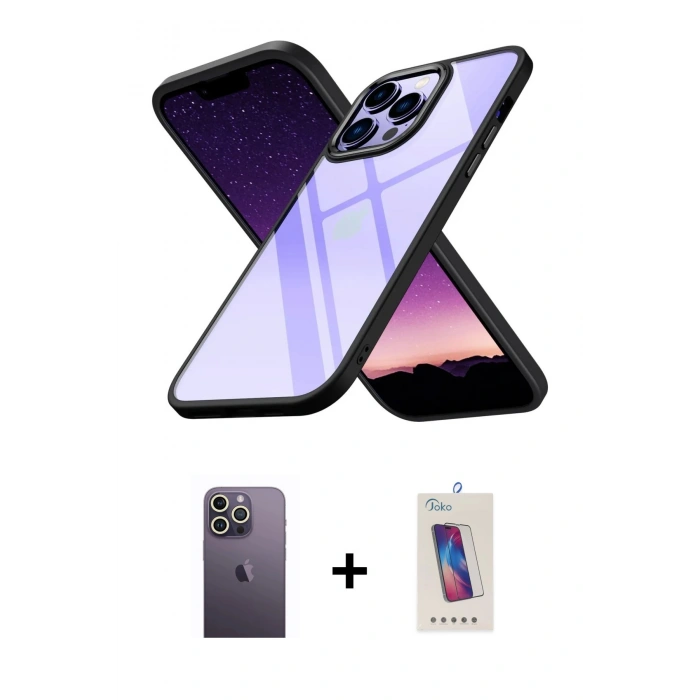 MARSİLYAN™- iPhone 13 Pro Max Kılıf Nova Işık Serisi - Siyah Joko 5D Cam + Beyaz Neon Fosforlu Kamera Lens