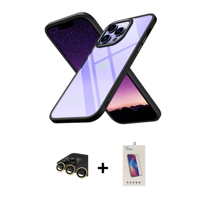 MARSİLYAN™- iPhone 13 Pro Max Kılıf Nova Işık Serisi - Siyah Joko 5D Cam + Raze Metal Kamera Lens - GD