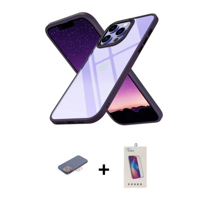 MARSİLYAN™- iPhone 13 Pro Max Kılıf Nova Işık Serisi - Siyah Joko 5D Cam + Renkli Kamera Lens Koruma Cam - PE