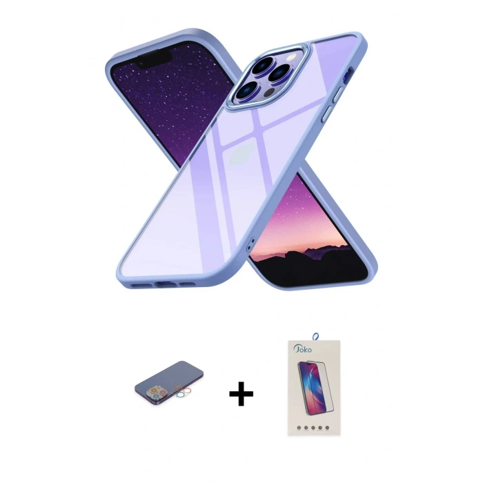 MARSİLYAN™- iPhone 13 Pro Max Kılıf Nova Işık Serisi - Siyah Joko 5D Cam + Renkli Kamera Lens Koruma Cam - PE