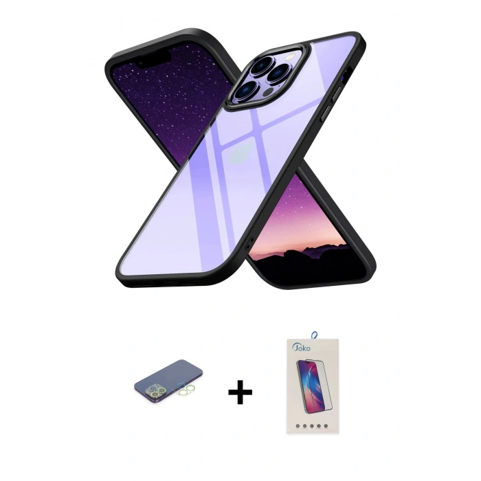 MARSİLYAN™- iPhone 13 Pro Max Kılıf Nova Işık Serisi - Siyah Joko 5D Cam + Renkli Kamera Lens Koruma Cam - YL
