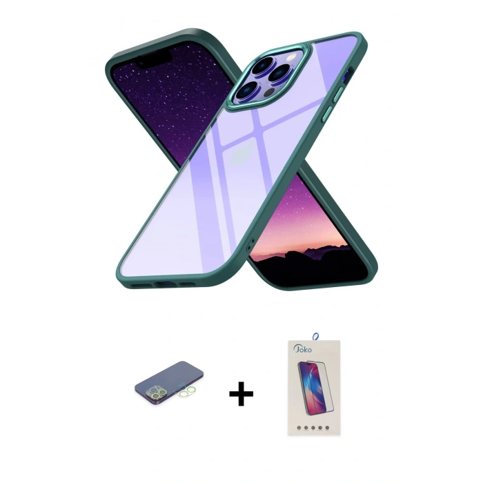 MARSİLYAN™- iPhone 13 Pro Max Kılıf Nova Işık Serisi - Siyah Joko 5D Cam + Renkli Kamera Lens Koruma Cam - YL