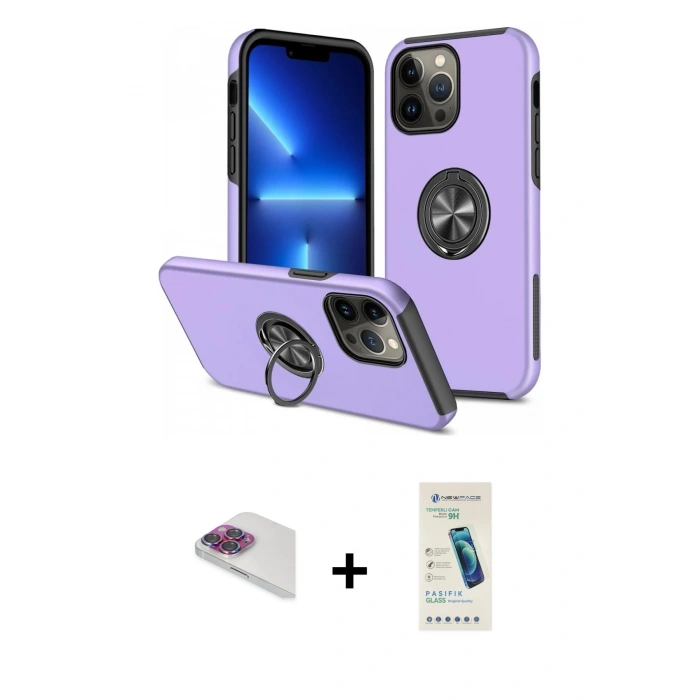 MARSİLYAN™- iPhone 13 Pro Max Kılıf Odak Form Prime - Şeffaf Pasifik Cam Ekran Koruyucu + Gökkuşağı Pers Alüminyum Kamera Lens