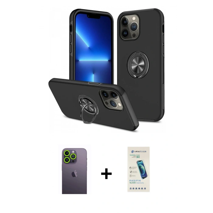MARSİLYAN™- iPhone 13 Pro Max Kılıf Odak Form Prime - Şeffaf Pasifik Cam Ekran Koruyucu + Neon Fosforlu Kamera Lens - YL