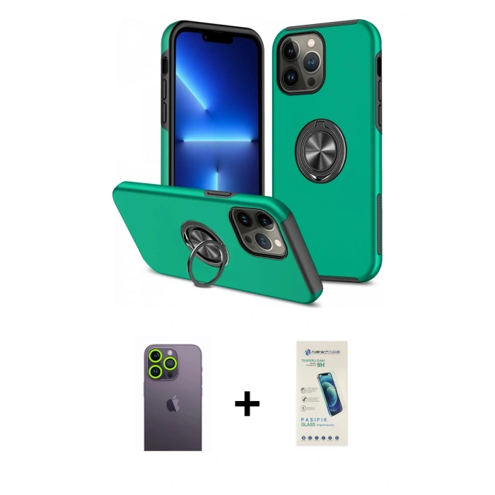 MARSİLYAN™- iPhone 13 Pro Max Kılıf Odak Form Prime - Şeffaf Pasifik Cam Ekran Koruyucu + Neon Fosforlu Kamera Lens - YL