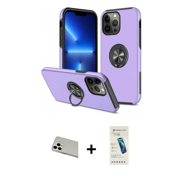 MARSİLYAN™- iPhone 13 Pro Max Kılıf Odak Form Prime - Şeffaf Pasifik Cam Ekran Koruyucu + Rainbow Kamera Lens Koruma Cam - BZ