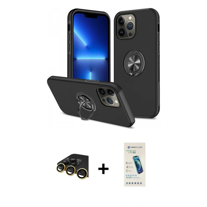 MARSİLYAN™- iPhone 13 Pro Max Kılıf Odak Form Prime - Şeffaf Pasifik Cam Ekran Koruyucu + Raze Metal Kamera Lens - GD