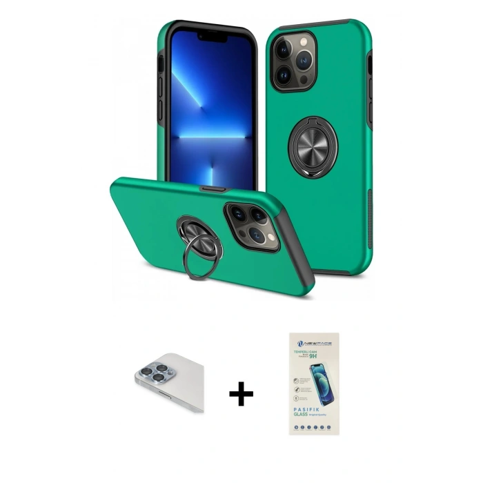 MARSİLYAN™- iPhone 13 Pro Max Kılıf Odak Form Prime - Şeffaf Pasifik Cam Ekran Koruyucu + Sierra Blue Pers Alüminyum Kamera Lens