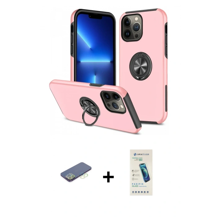 MARSİLYAN™- iPhone 13 Pro Max Kılıf Odak Form Prime - Şeffaf Pasifik Cam Ekran Koruyucu + Yeşil Renkli Kamera Lens Koruma Cam