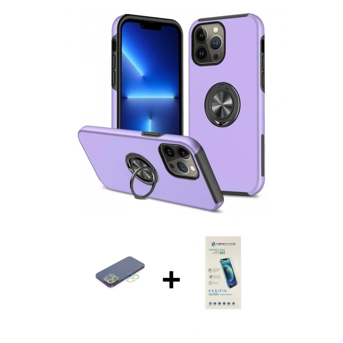 MARSİLYAN™- iPhone 13 Pro Max Kılıf Odak Form Prime - Şeffaf Pasifik Cam Ekran Koruyucu + Yeşil Renkli Kamera Lens Koruma Cam