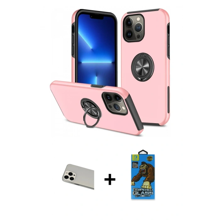 MARSİLYAN™- iPhone 13 Pro Max Kılıf Odak Form Prime - Siyah 18D Cam Ekran Koruyucu + Rainbow Kamera Lens Koruma Cam - BZ