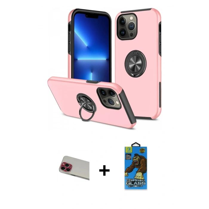 MARSİLYAN™- iPhone 13 Pro Max Kılıf Odak Form Prime - Siyah 18D Cam Ekran Koruyucu + Rainbow Kamera Lens Koruma Cam - KI