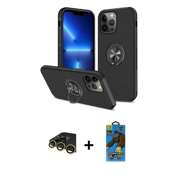 MARSİLYAN™- iPhone 13 Pro Max Kılıf Odak Form Prime - Siyah 18D Cam Ekran Koruyucu + Raze Metal Kamera Lens - GD