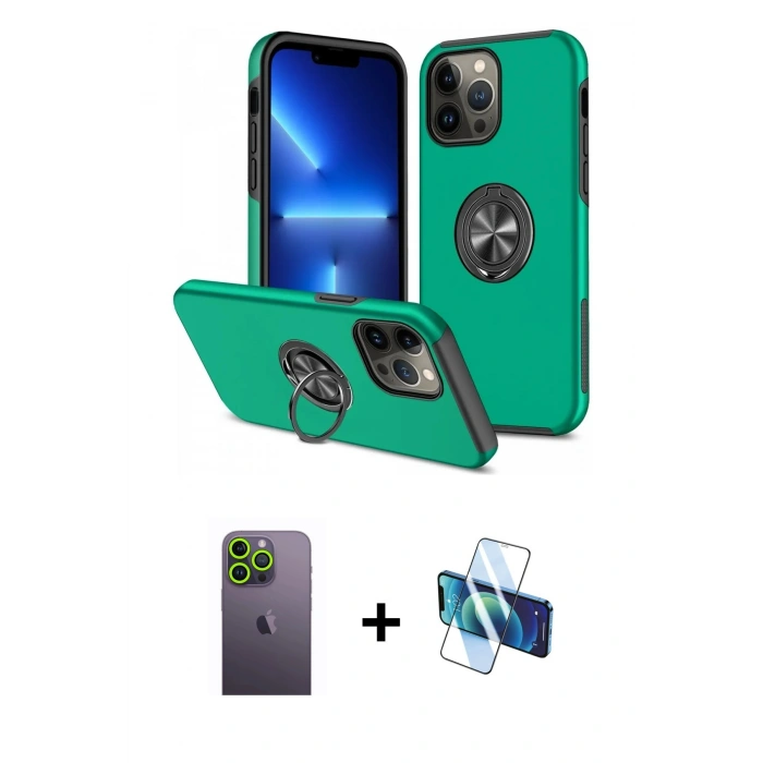 MARSİLYAN™- iPhone 13 Pro Max Kılıf Odak Form Prime - Siyah 3D Antistatik Cam Ekran Koruyucu + Neon Fosforlu Kamera Lens - YL