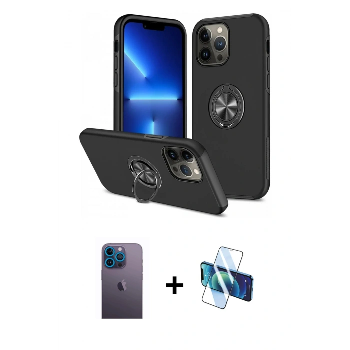 MARSİLYAN™- iPhone 13 Pro Max Kılıf Odak Form Prime - Siyah 3D Antistatik Cam Ekran Koruyucu + Neon Fosforlu Kamera Lens - MI