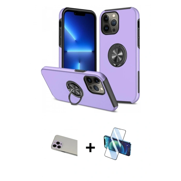 MARSİLYAN™- iPhone 13 Pro Max Kılıf Odak Form Prime - Siyah 3D Antistatik Cam Ekran Koruyucu + Rainbow Kamera Lens Koruma Cam - MR