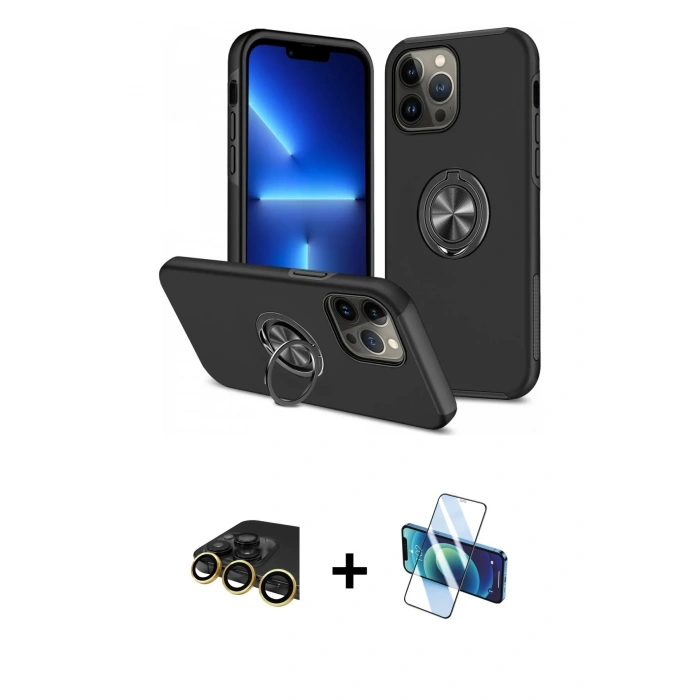 MARSİLYAN™- iPhone 13 Pro Max Kılıf Odak Form Prime - Siyah 3D Antistatik Cam Ekran Koruyucu + Raze Metal Kamera Lens - GD