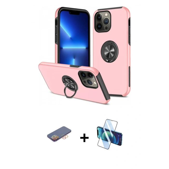 MARSİLYAN™- iPhone 13 Pro Max Kılıf Odak Form Prime - Siyah 3D Antistatik Cam Ekran Koruyucu + Renkli Kamera Lens Koruma Cam - TU