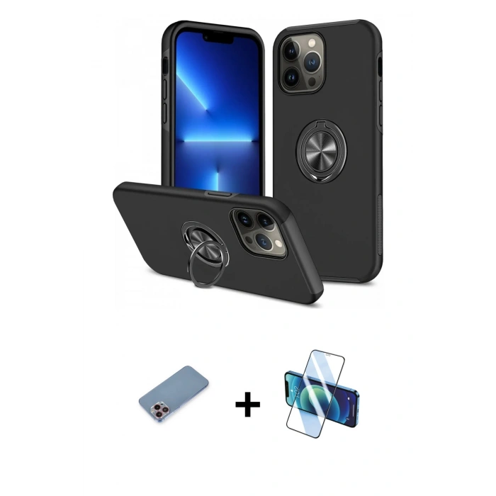 MARSİLYAN™- iPhone 13 Pro Max Kılıf Odak Form Prime - Siyah 3D Antistatik Cam Ekran Koruyucu + Shine Kamera Lens Koruma Cam - PE
