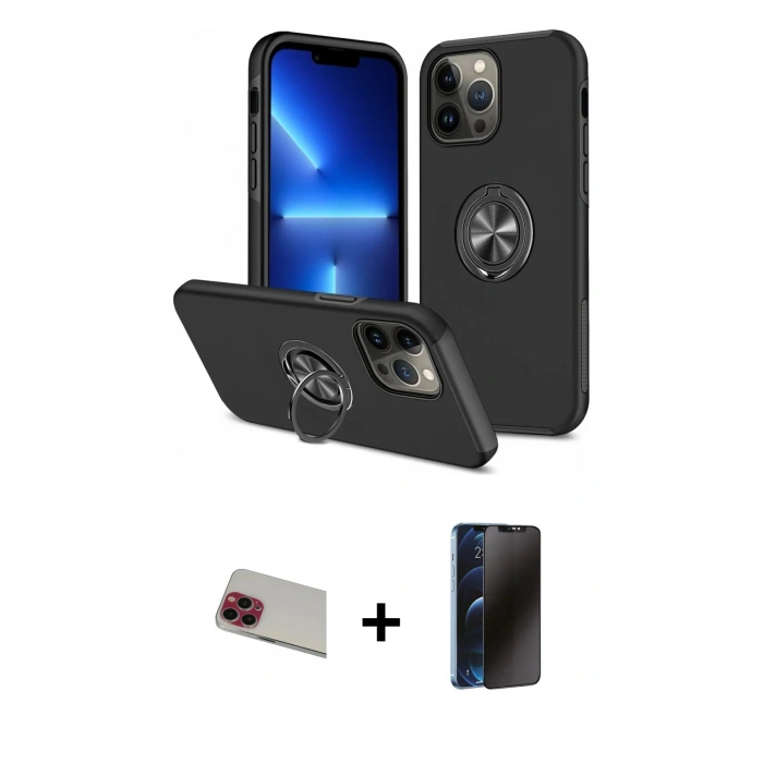 MARSİLYAN™- iPhone 13 Pro Max Kılıf Odak Form Prime - Siyah 3D Antistatik Hayalet Cam Ekran Koruyucu + Rainbow Kamera Lens Koruma Cam - KI