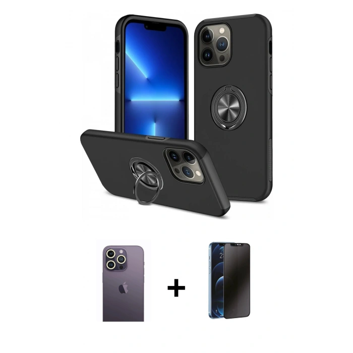 MARSİLYAN™- iPhone 13 Pro Max Kılıf Odak Form Prime - Siyah 3D Antistatik Hayalet Cam Ekran Koruyucu + Neon Fosforlu Kamera Lens - BZ