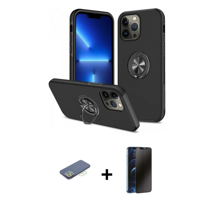 MARSİLYAN™- iPhone 13 Pro Max Kılıf Odak Form Prime - Siyah 3D Antistatik Hayalet Cam Ekran Koruyucu + Renkli Kamera Lens Koruma Cam - YL