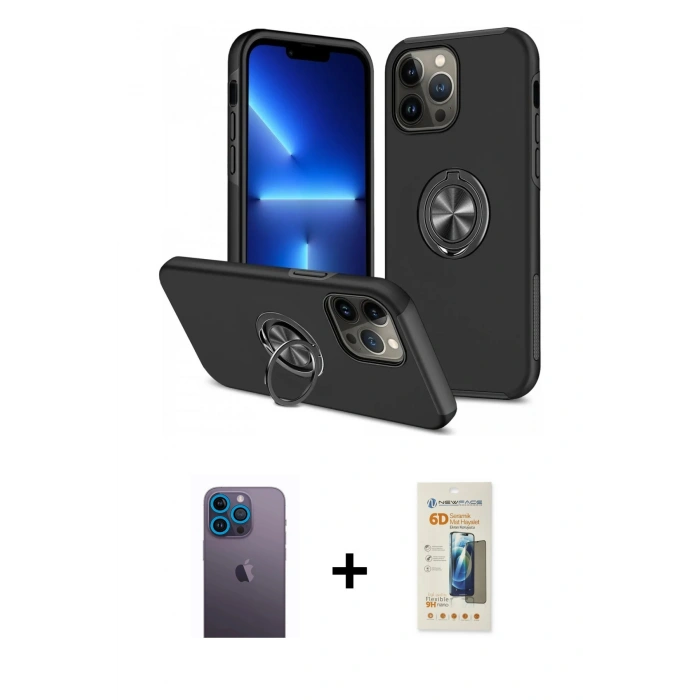 MARSİLYAN™- iPhone 13 Pro Max Kılıf Odak Form Prime - Siyah 6D Mat Seramik Hayalet Nano Ekran Koruyucu + Neon Fosforlu Kamera Lens - MI