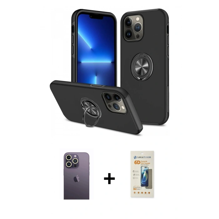 MARSİLYAN™- iPhone 13 Pro Max Kılıf Odak Form Prime - Siyah 6D Mat Seramik Hayalet Nano Ekran Koruyucu + Neon Fosforlu Kamera Lens - BZ