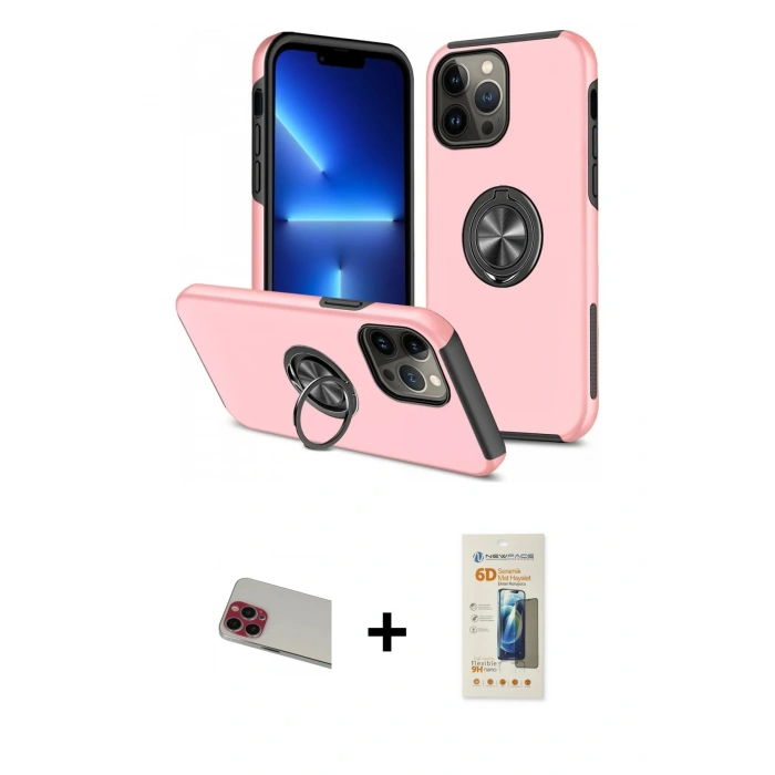 MARSİLYAN™- iPhone 13 Pro Max Kılıf Odak Form Prime - Siyah 6D Mat Seramik Hayalet Nano Ekran Koruyucu + Rainbow Kamera Lens Koruma Cam - KI