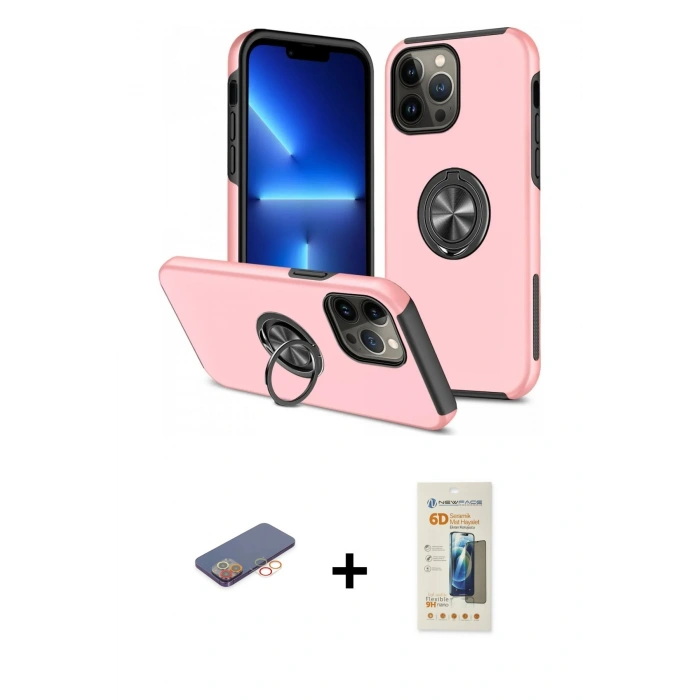 MARSİLYAN™- iPhone 13 Pro Max Kılıf Odak Form Prime - Siyah 6D Mat Seramik Hayalet Nano Ekran Koruyucu + Turuncu Renkli Kamera Lens Koruma Cam