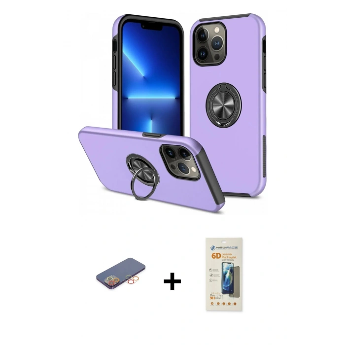 MARSİLYAN™- iPhone 13 Pro Max Kılıf Odak Form Prime - Siyah 6D Mat Seramik Hayalet Nano Ekran Koruyucu + Turuncu Renkli Kamera Lens Koruma Cam