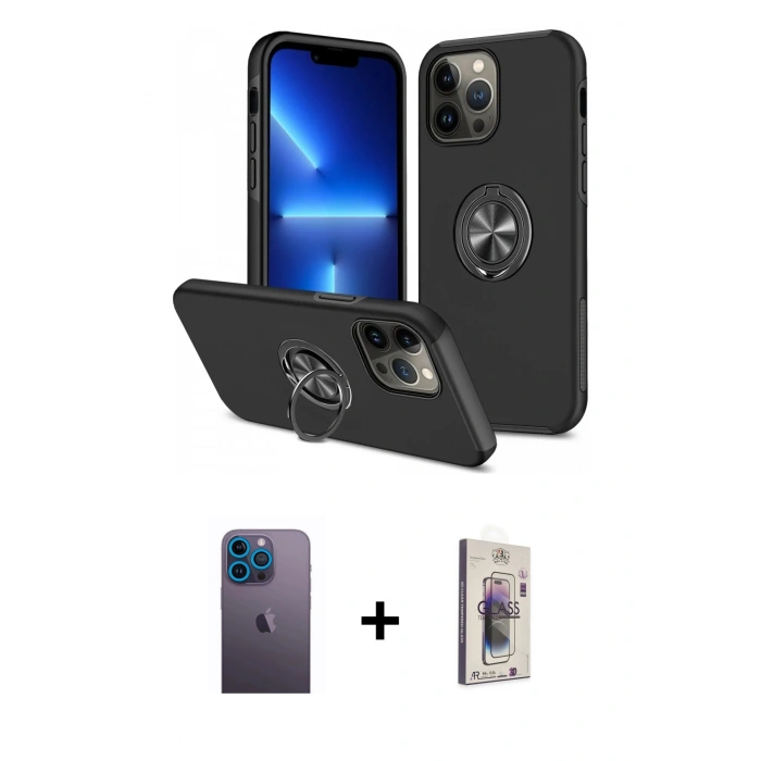 MARSİLYAN™- iPhone 13 Pro Max Kılıf Odak Form Prime - Siyah Bilvis 3D Cam Ekran Koruyucu + Neon Fosforlu Kamera Lens - MI