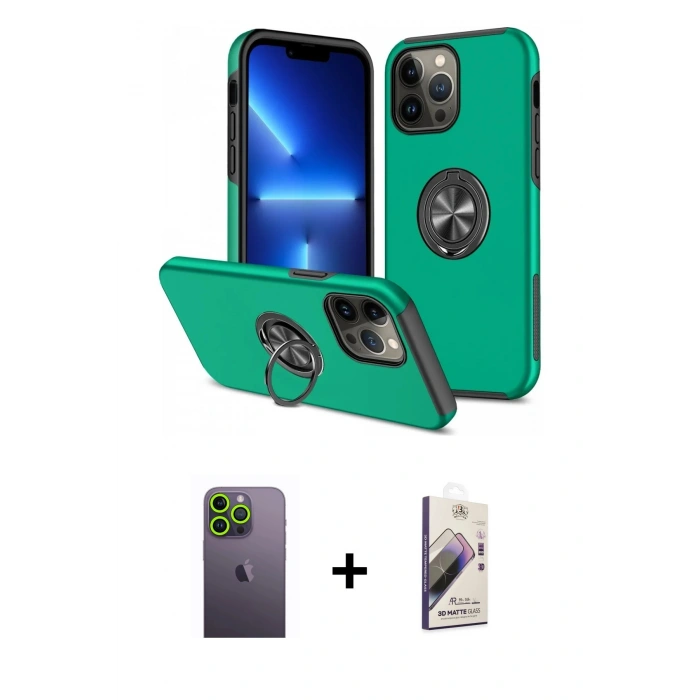 MARSİLYAN™- iPhone 13 Pro Max Kılıf Odak Form Prime - Siyah Bilvis 3D Mat Cam Ekran Koruyucu + Neon Fosforlu Kamera Lens - YL