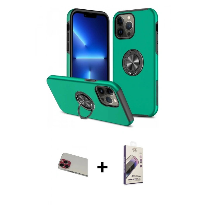 MARSİLYAN™- iPhone 13 Pro Max Kılıf Odak Form Prime - Siyah Bilvis 3D Mat Cam Ekran Koruyucu + Rainbow Kamera Lens Koruma Cam - KI