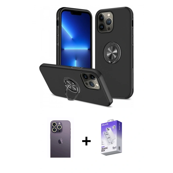 MARSİLYAN™- iPhone 13 Pro Max Kılıf Odak Form Prime - Siyah Bilvis 5in1 3D Magic Cam Ekran Koruyucu + Neon Fosforlu Kamera Lens - BZ