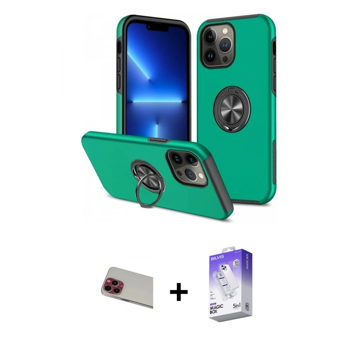 MARSİLYAN™- iPhone 13 Pro Max Kılıf Odak Form Prime - Siyah Bilvis 5in1 3D Magic Cam Ekran Koruyucu + Rainbow Kamera Lens Koruma Cam - KI