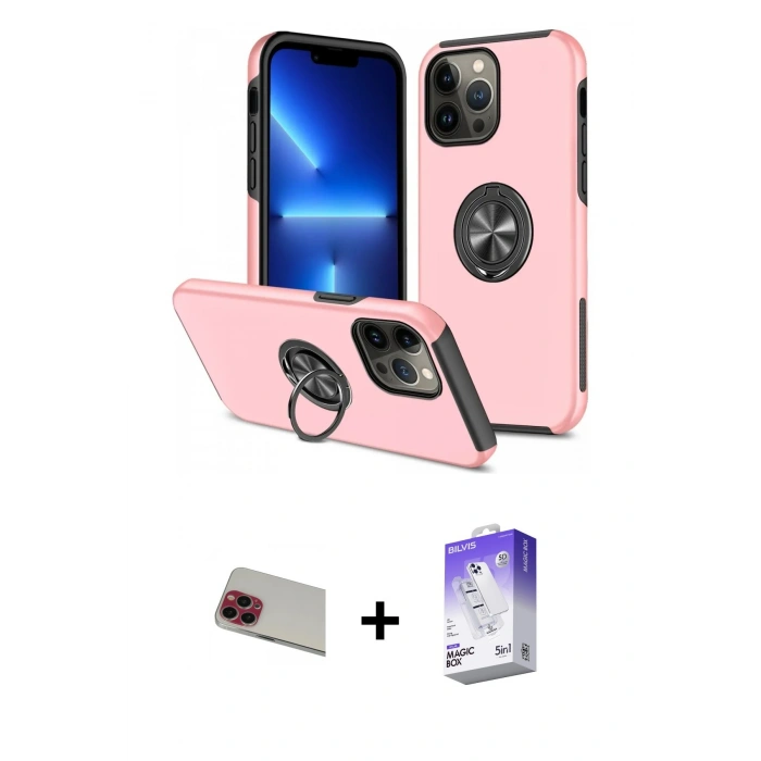MARSİLYAN™- iPhone 13 Pro Max Kılıf Odak Form Prime - Siyah Bilvis 5in1 3D Magic Cam Ekran Koruyucu + Rainbow Kamera Lens Koruma Cam - KI