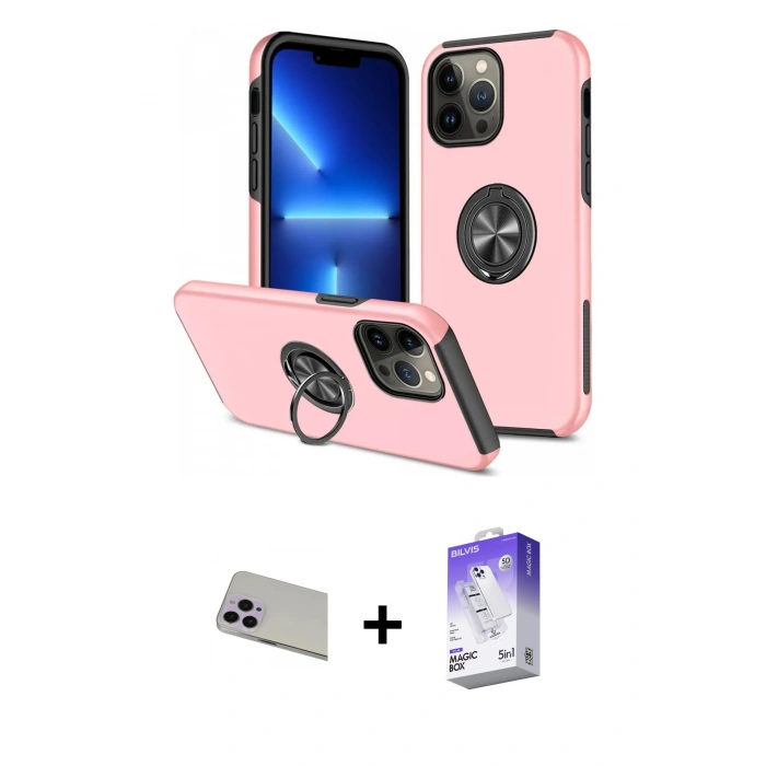 MARSİLYAN™- iPhone 13 Pro Max Kılıf Odak Form Prime - Siyah Bilvis 5in1 3D Magic Cam Ekran Koruyucu + Mor Rainbow Kamera Lens Koruma Cam
