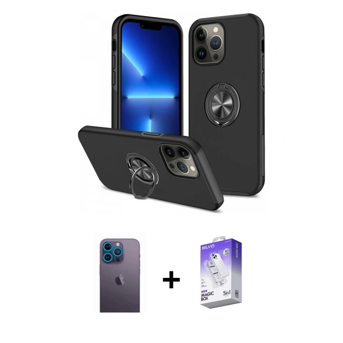 MARSİLYAN™- iPhone 13 Pro Max Kılıf Odak Form Prime - Siyah Bilvis 5in1 3D Magic Cam Ekran Koruyucu + Neon Fosforlu Kamera Lens - MI