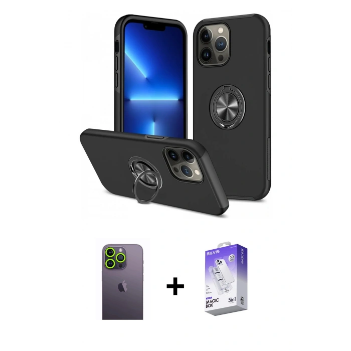 MARSİLYAN™- iPhone 13 Pro Max Kılıf Odak Form Prime - Siyah Bilvis 5in1 3D Magic Cam Ekran Koruyucu + Neon Fosforlu Kamera Lens - YL