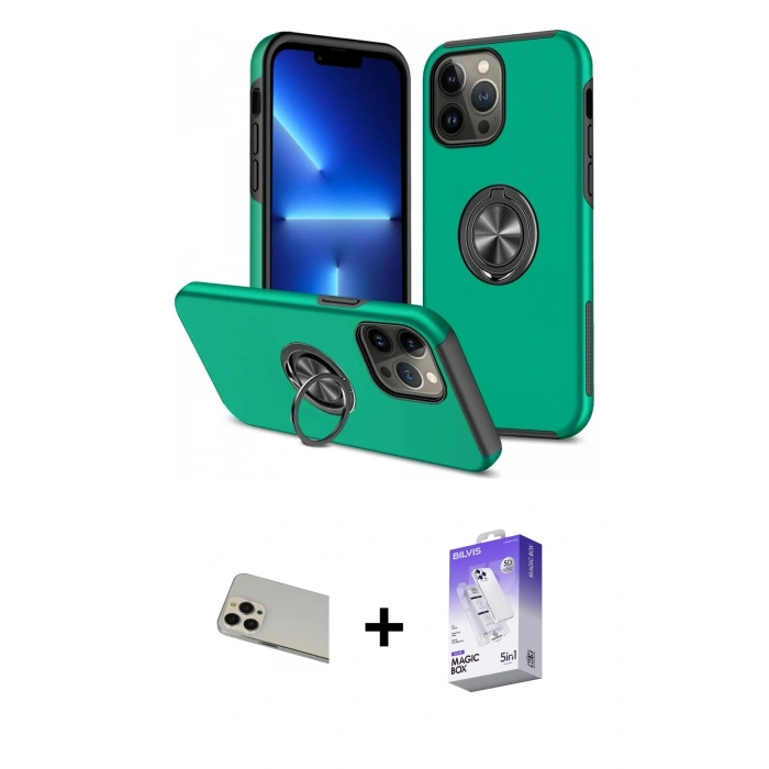 MARSİLYAN™- iPhone 13 Pro Max Kılıf Odak Form Prime - Siyah Bilvis 5in1 3D Magic Cam Ekran Koruyucu + Rainbow Kamera Lens Koruma Cam - REGD